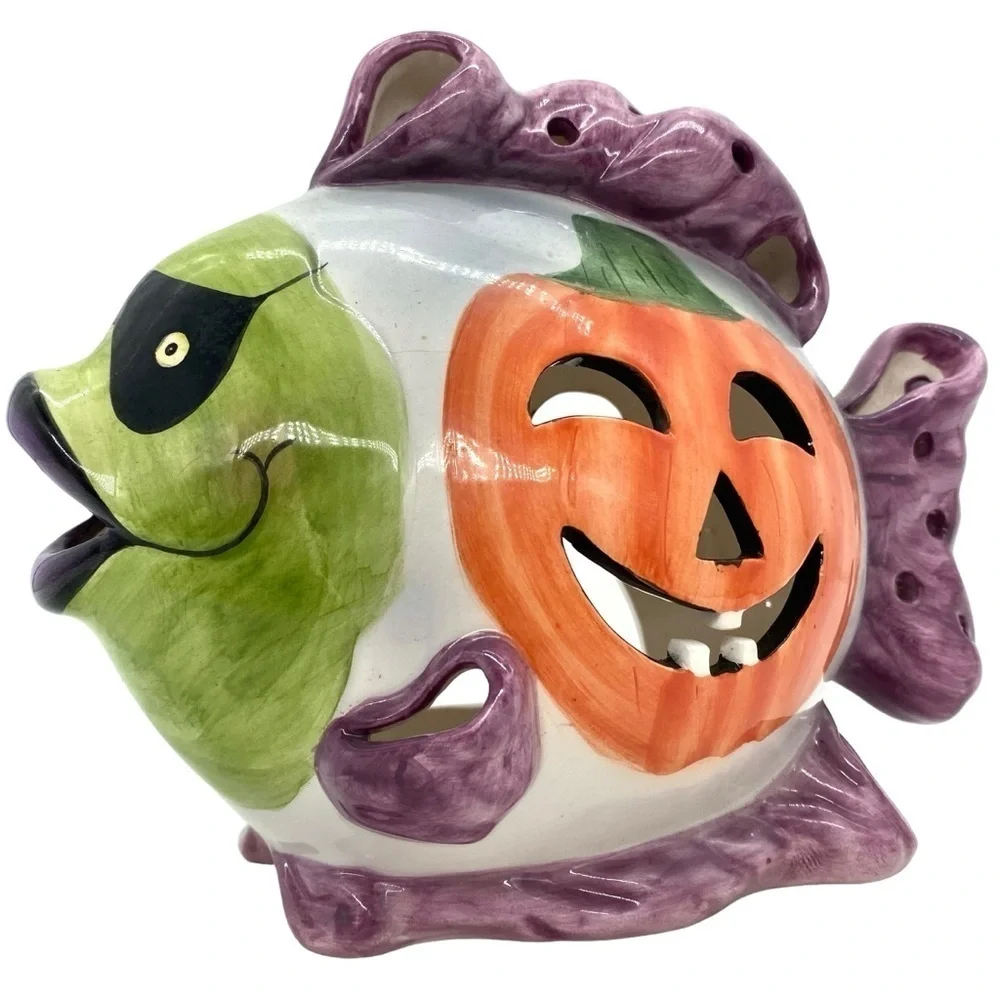 Halloween Ceramic Fish Candle Tea Light Luminary Pumpkin AppleTree Designs